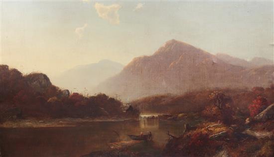 Circle of Charles Francois Daubigny (1817-1878) Extensive landscape with figures in a boat and a waterfall, 30 x 50in.